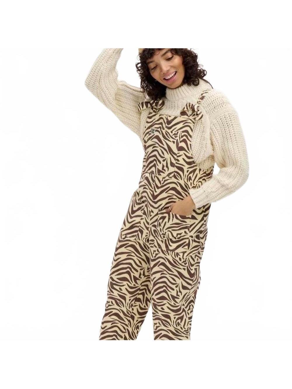Lucy & Yak Dungarees Overalls Zebra Print Cream Brown Organic Cotton US Size 2R